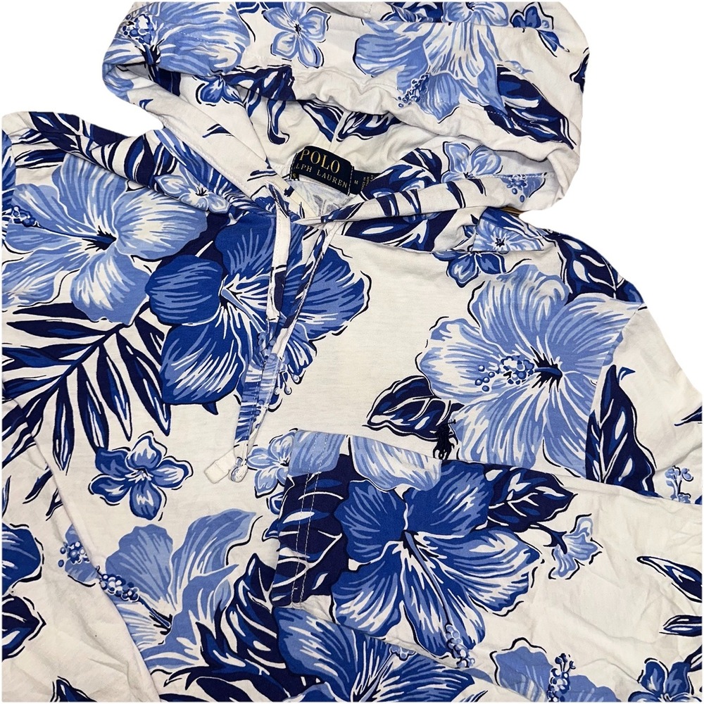 Polo Ralph Lauren Blue White Hawaiian Floral Hooded Long Sleeve Shirt Women's‎ M